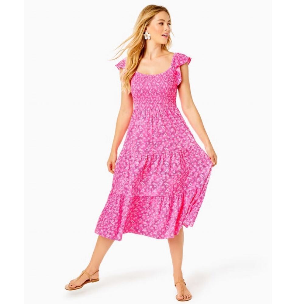 Lilly Pulitzer Jilly Smocked Fit-And-Flare Midi Dress Flutter Sleeves SZ XS NWOT